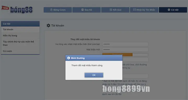 cách đổi mật khẩu trên trang bong88